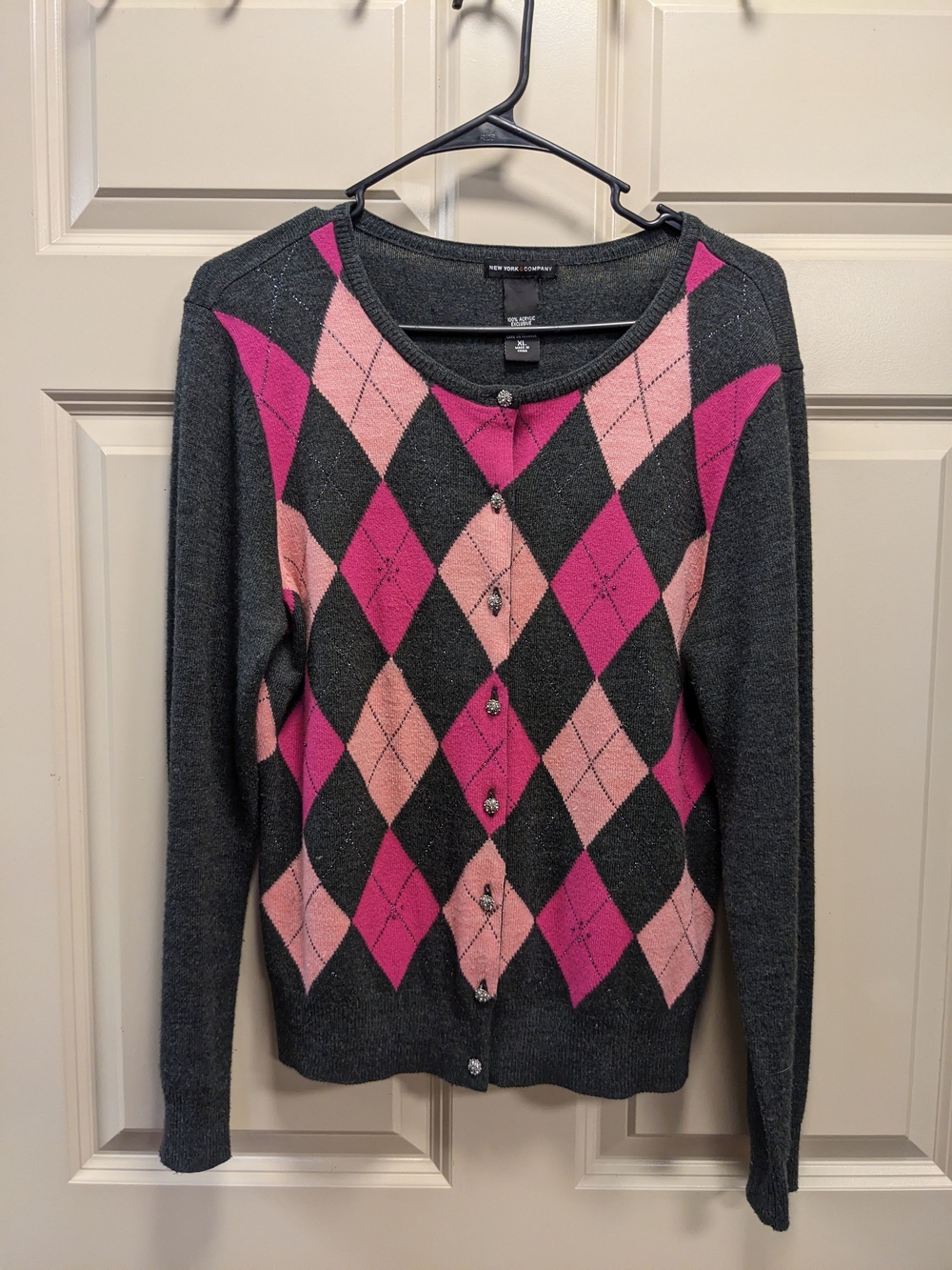 New York & Company Gray Sweater Cardigan with Pink Argyle -Size XL